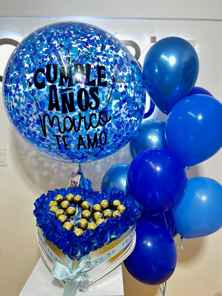 Corazón Azul y Chocolates+Globo Personalizado