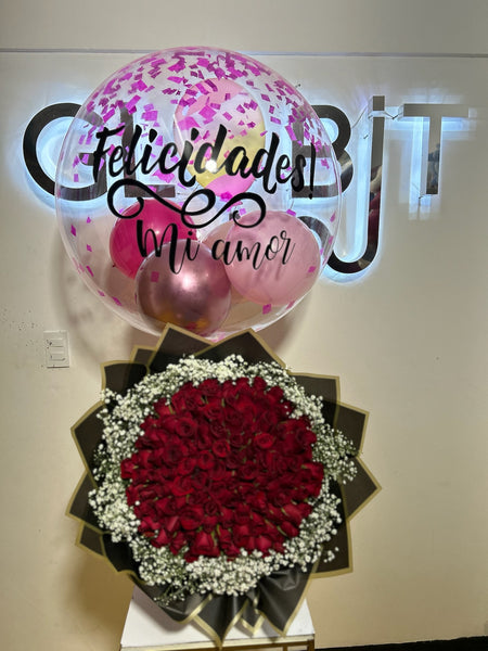 Ramo 100 Rosas Rojas+Burbuja Personalizada