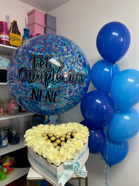 Corazón Azul y Chocolates+Globo Personalizado