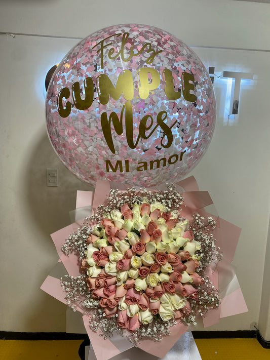 Ramo 100 Rosas Rosas+Burbuja Personalizada