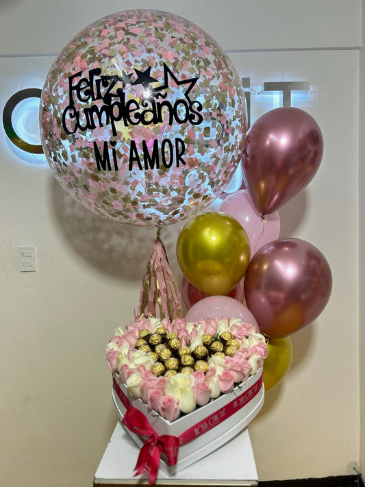 Corazón Rosas y Chocolates+Globo Personalizado