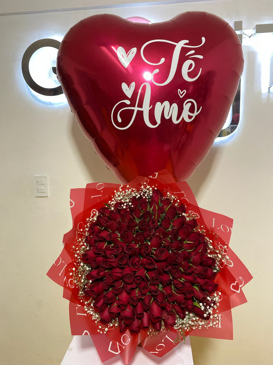 Ramo 100 Rosas Rojas+Corazón Grande con Helio