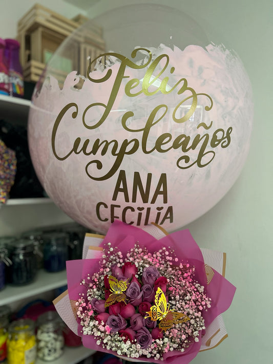 Ramo 25 Rosas Mariposas+Burbuja Personalizada